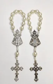 Mine Ter�o Dezena Perola Branca 8mm de Aparecida Santo com Medalha em Metal na cor Niquel ou Ouro Velho