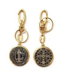 Chaveiro de S�o Bento Medalha Dupla Dourado Com Medalha Prata Velha e Mosquet�o